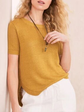 Garnet Hill Haiku Linen Sweater Tee Mustard Yellow Size Large Relaxed Fit